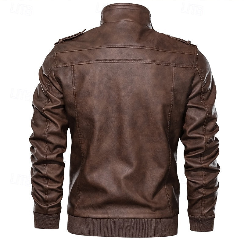 Full Zip Biker Jacket with Stand Collar and Ribbed Cuffs