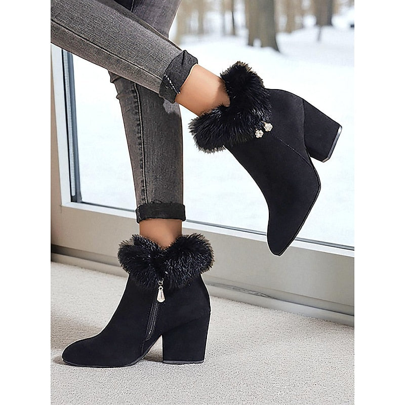 Pointed Toe Ankle Boots with Plush Collar and Side Zip Block Heel