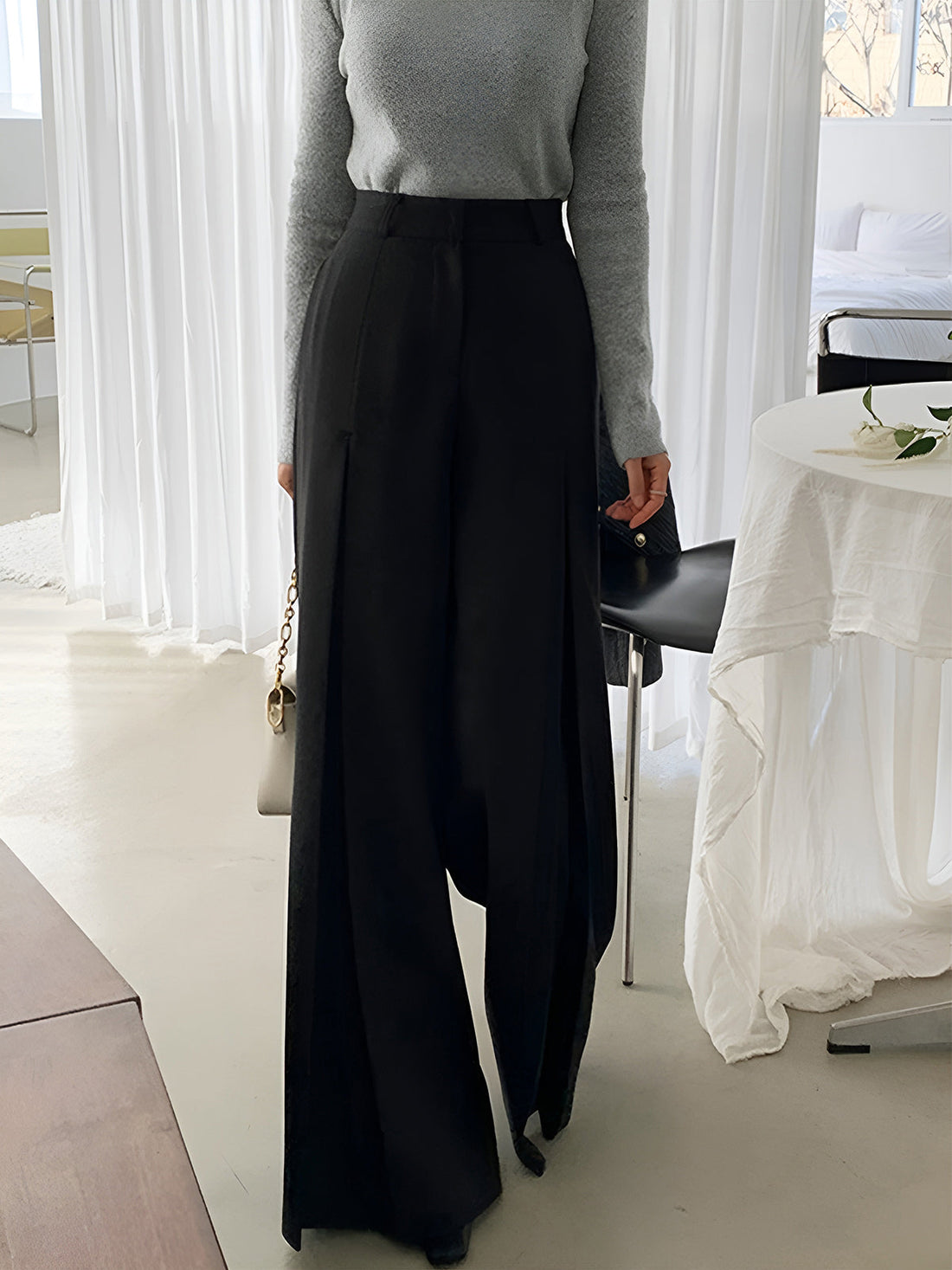 High Waist Pleated Pants with Side Pockets for Women, Regular Fit