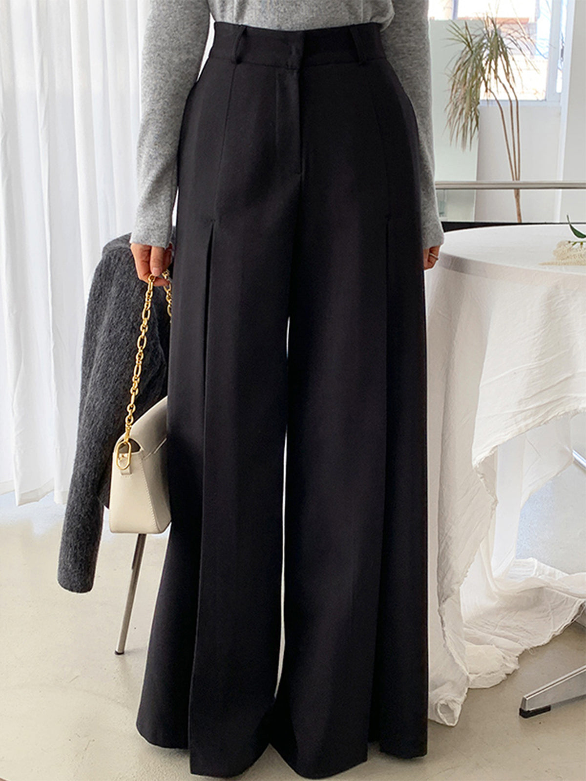 High Waist Pleated Pants with Side Pockets for Women, Regular Fit