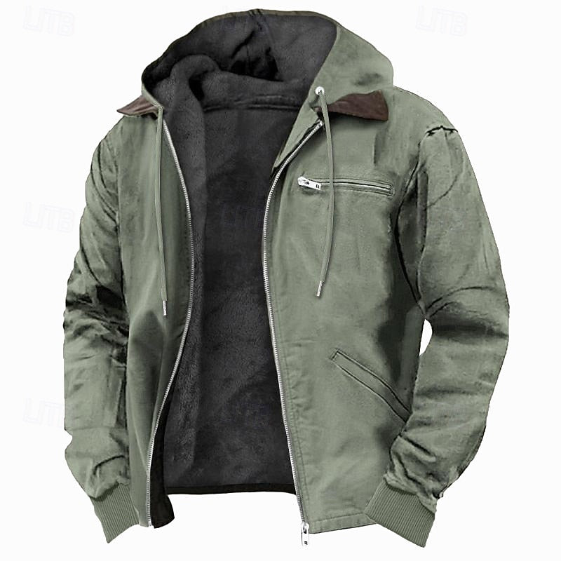 Zip Jacket with Plush Lining and Adjustable Hood, Side Hand Pockets