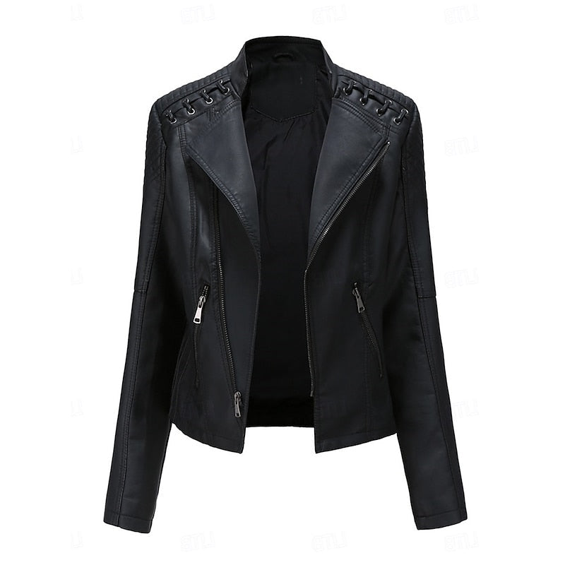 Biker Jacket with Front Zip and Tailored Fit for Fall Winter