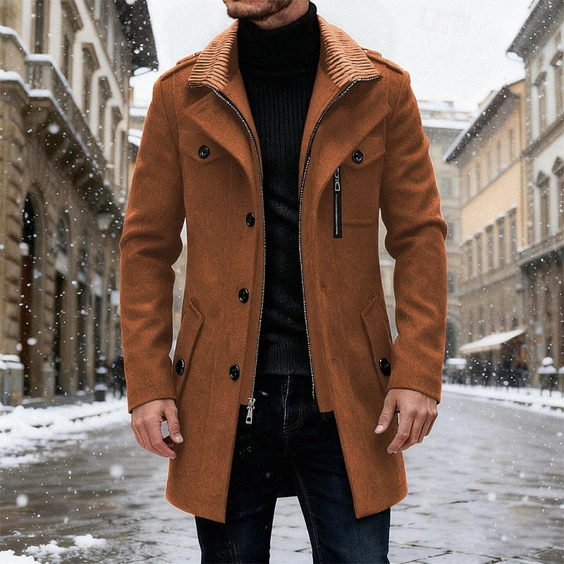 Structured Overcoat with Upright Collar and Deep Side Pockets, Button Front