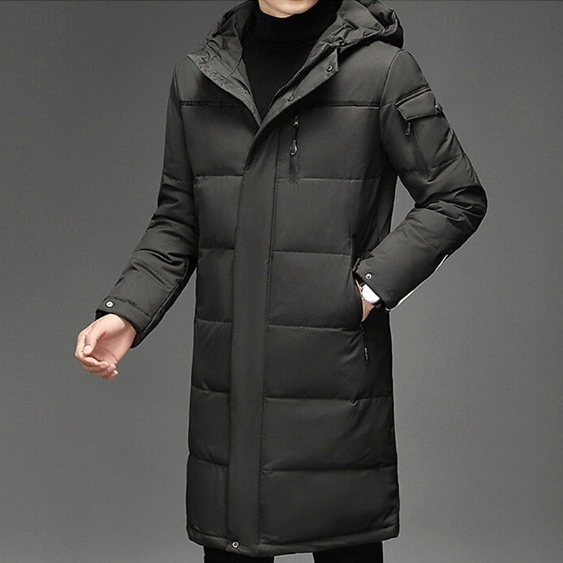 Long Winter Coat with Padded Insulation and Adjustable Hood, Below Knee Length