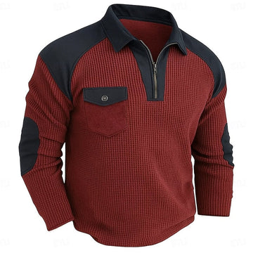 Textured Quarter Zip Pullover with Elbow Patches and Chest Pocket, Ribbed Cuffs