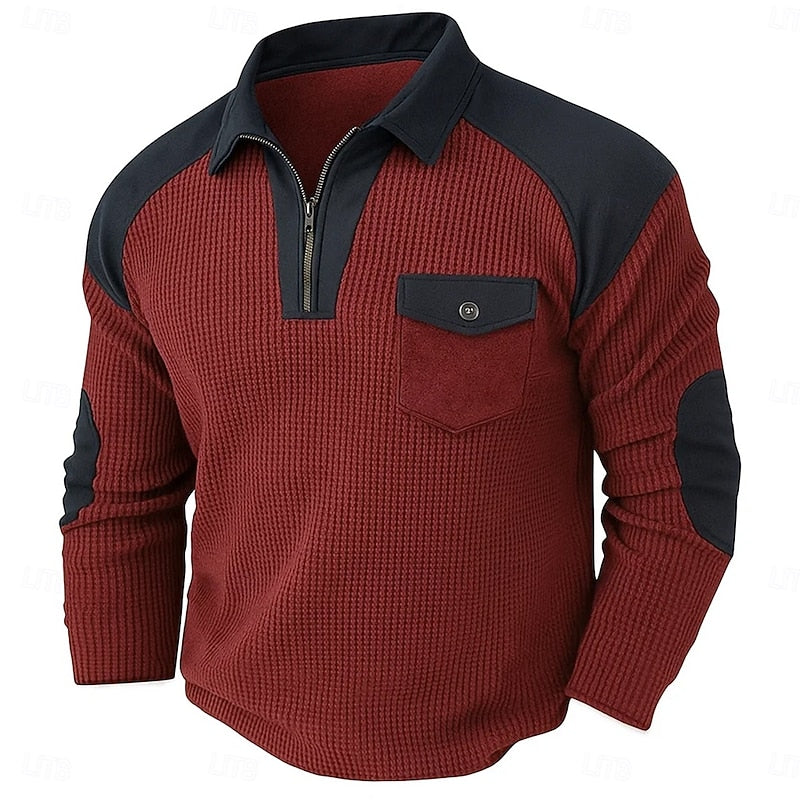 Textured Quarter Zip Pullover with Elbow Patches and Chest Pocket, Ribbed Cuffs
