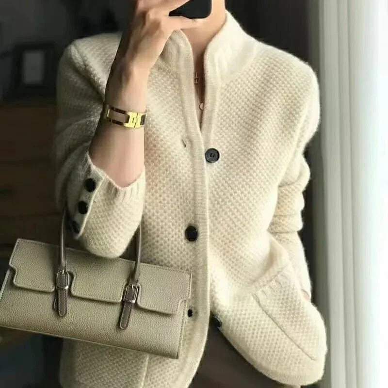 Structured Knit Blazer with Button Front and Full Length Sleeves, Hip Length