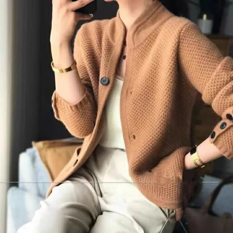 Structured Knit Blazer with Button Front and Full Length Sleeves, Hip Length