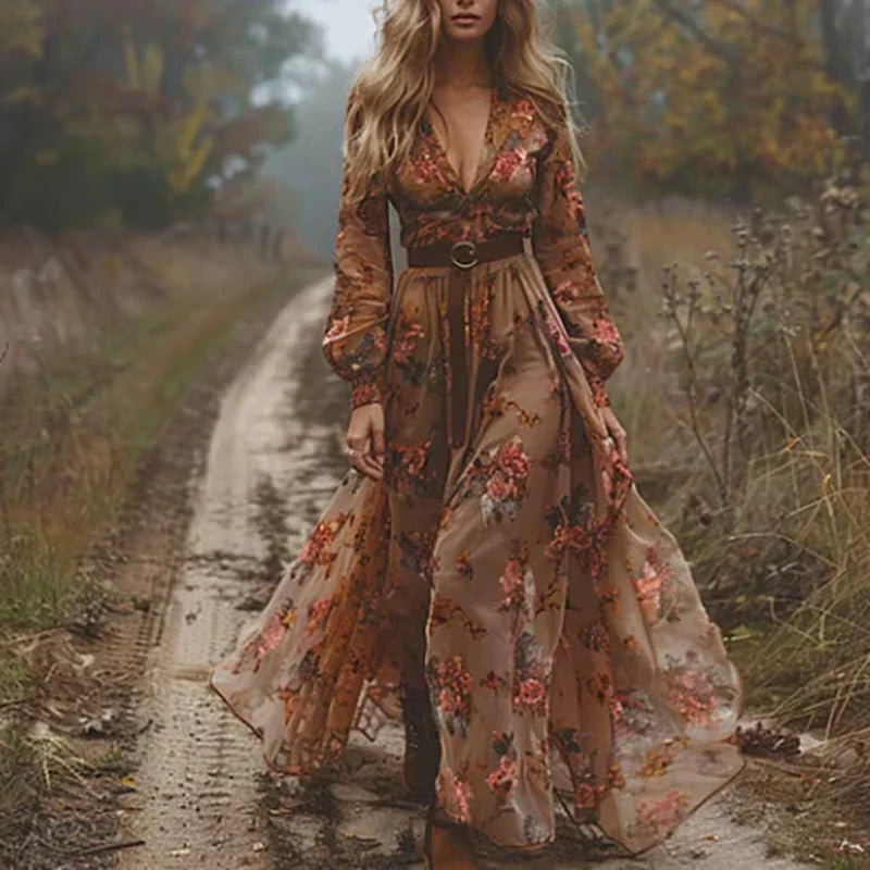 Tiered Maxi Dress with Long Sleeves and Printed Pattern for Casual Wear