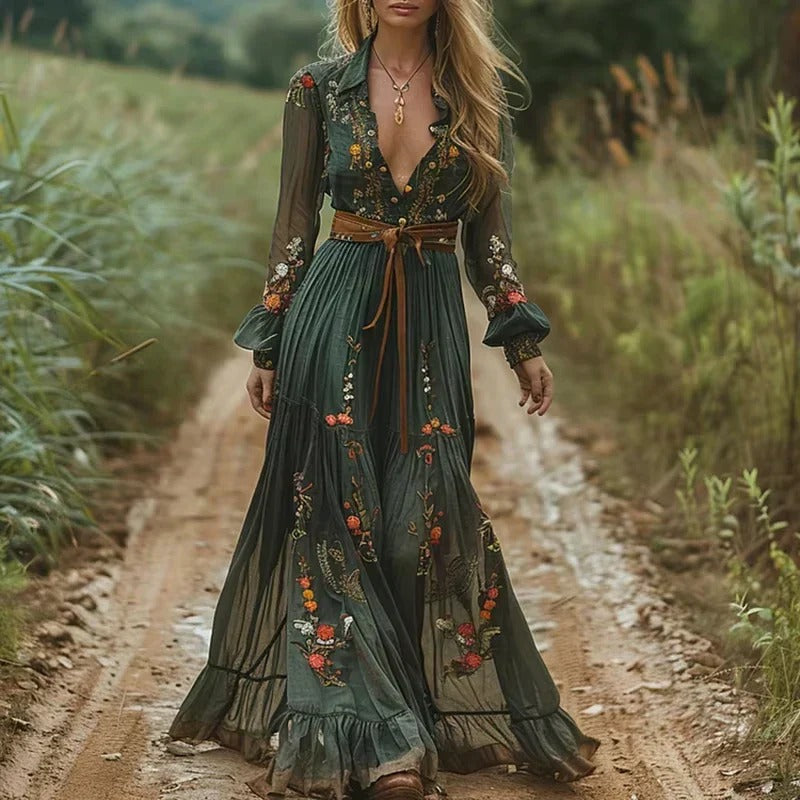 Tiered Maxi Dress with Long Sleeves and Printed Pattern for Casual Wear
