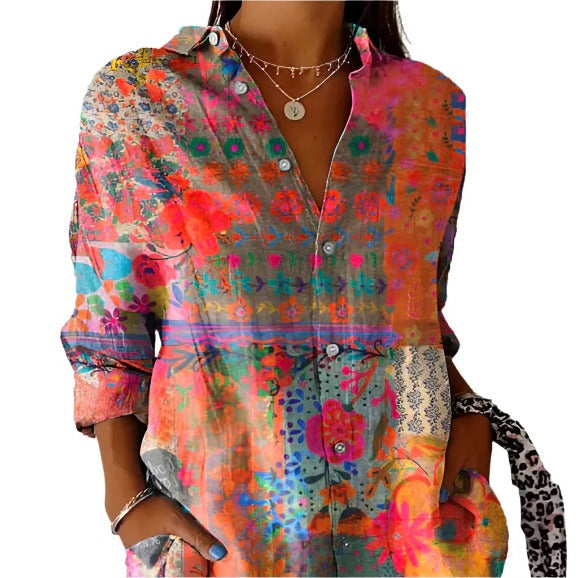 Women's Floral Button Down Blouse with Roll Up Sleeves and Hip Length Hem