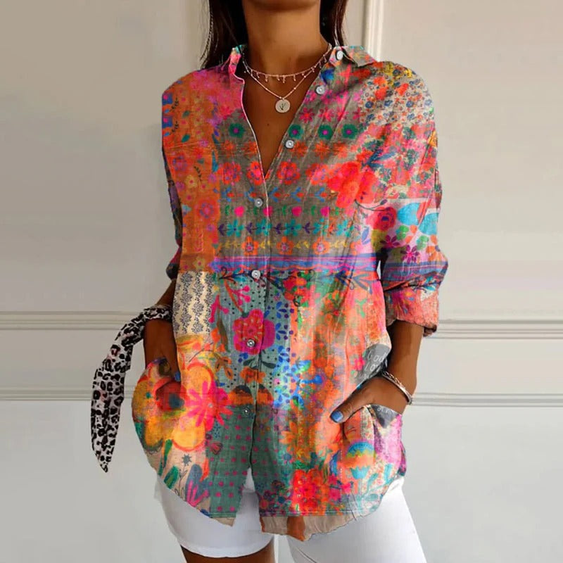 Women's Floral Button Down Blouse with Roll Up Sleeves and Hip Length Hem