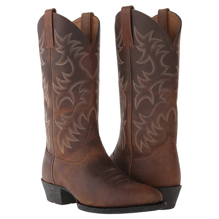 Mid Calf Cowboy Boots with Pointed Toe and Rubber Sole, Decorative Stitching