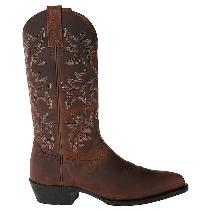 Mid Calf Cowboy Boots with Pointed Toe and Rubber Sole, Decorative Stitching
