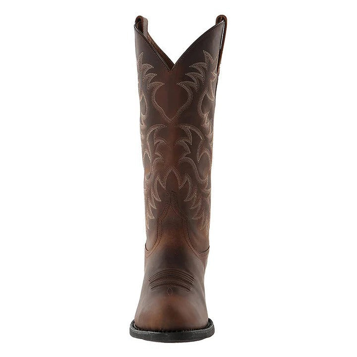 Mid Calf Cowboy Boots with Pointed Toe and Rubber Sole, Decorative Stitching