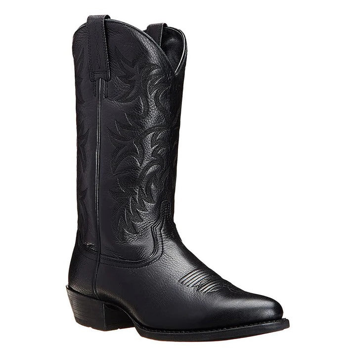 Mid Calf Cowboy Boots with Pointed Toe and Rubber Sole, Decorative Stitching
