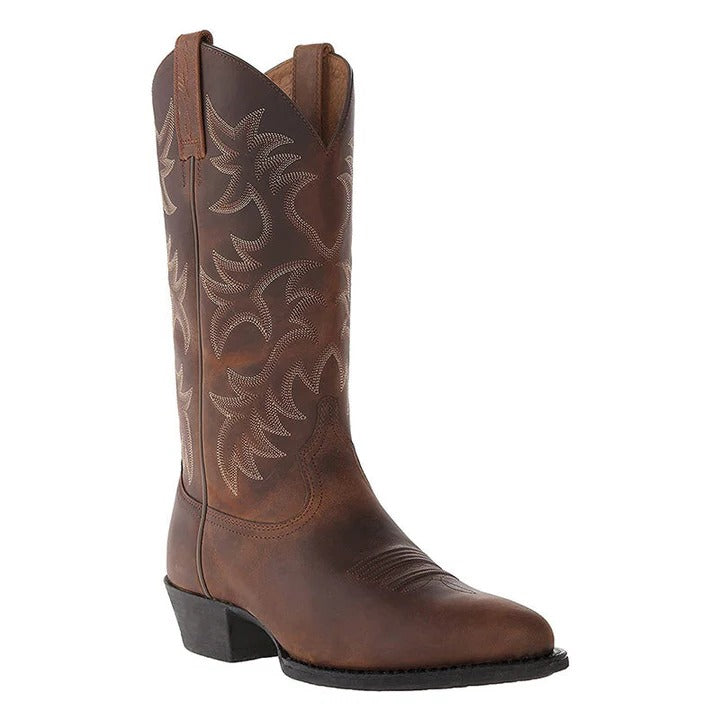 Mid Calf Cowboy Boots with Pointed Toe and Rubber Sole, Decorative Stitching