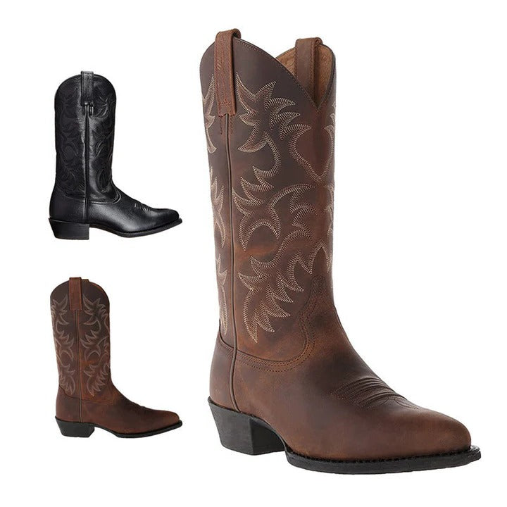 Mid Calf Cowboy Boots with Pointed Toe and Rubber Sole, Decorative Stitching