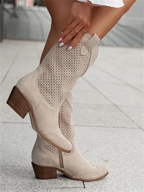 Western Cowboy Boots with Perforated Design and Block Heel for Women