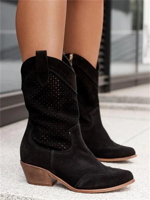 Western Cowboy Boots with Perforated Design and Block Heel for Women