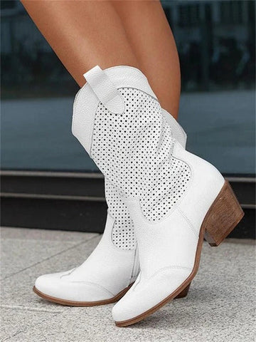 Western Cowboy Boots with Perforated Design and Block Heel for Women