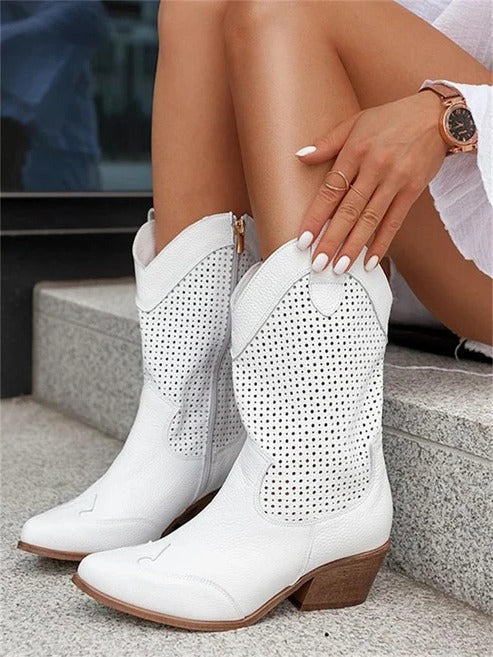 Western Cowboy Boots with Perforated Design and Block Heel for Women