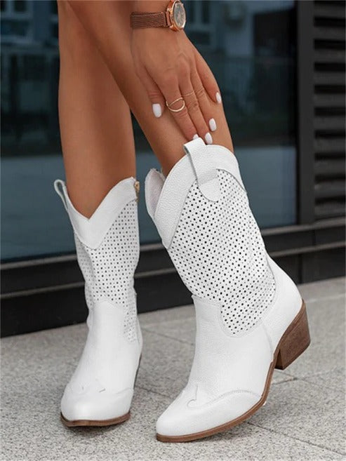 Western Cowboy Boots with Perforated Design and Block Heel for Women