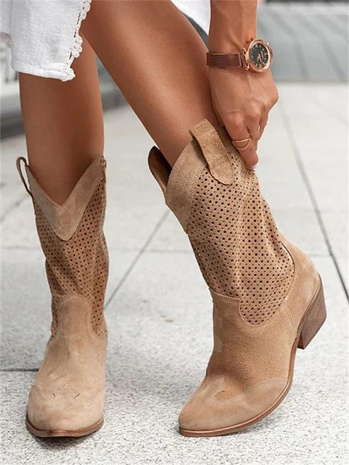 Western Cowboy Boots with Perforated Design and Block Heel for Women