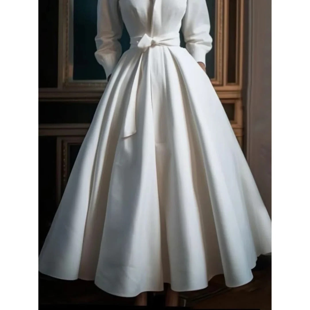 White Shirt Collar Midi Dress with Relaxed Fit and Standard Sleeves