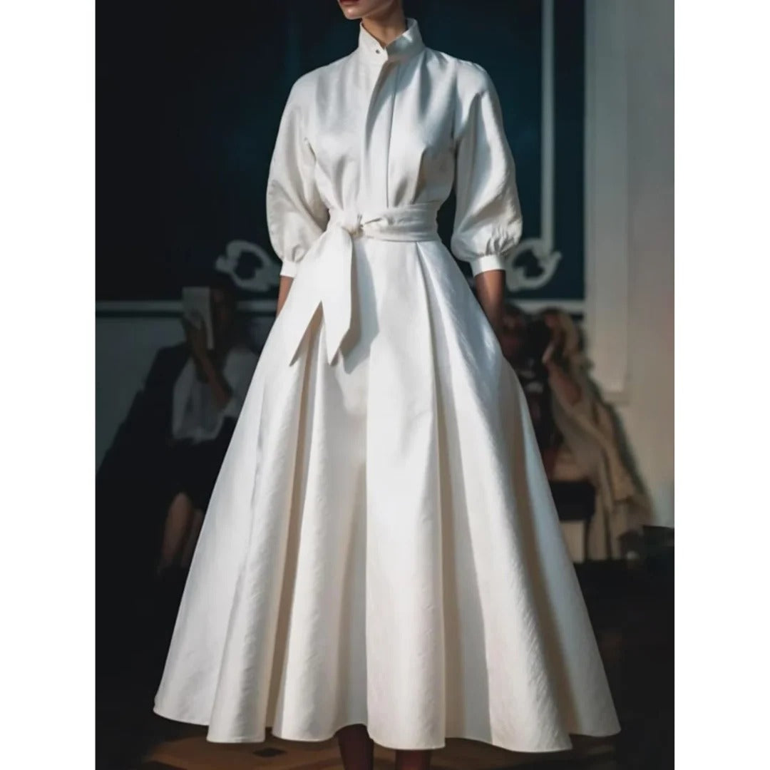 White Shirt Collar Midi Dress with Relaxed Fit and Standard Sleeves