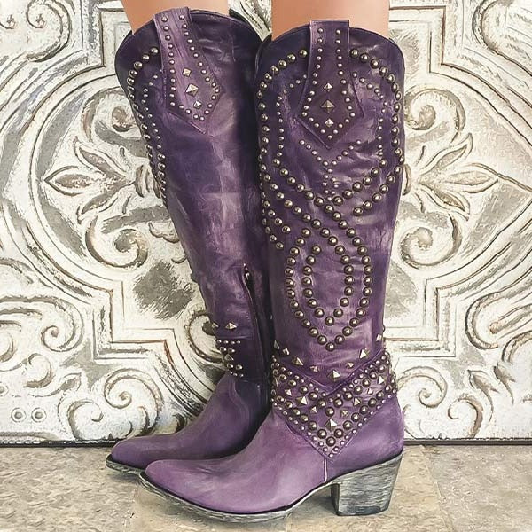 Women's Knee High Boots with Metal Studs and Pointed Toe, Side Zipper