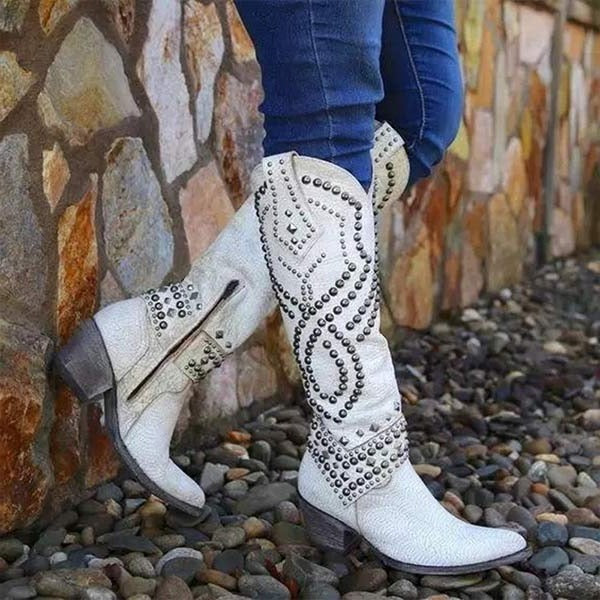 Women's Knee High Boots with Metal Studs and Pointed Toe, Side Zipper