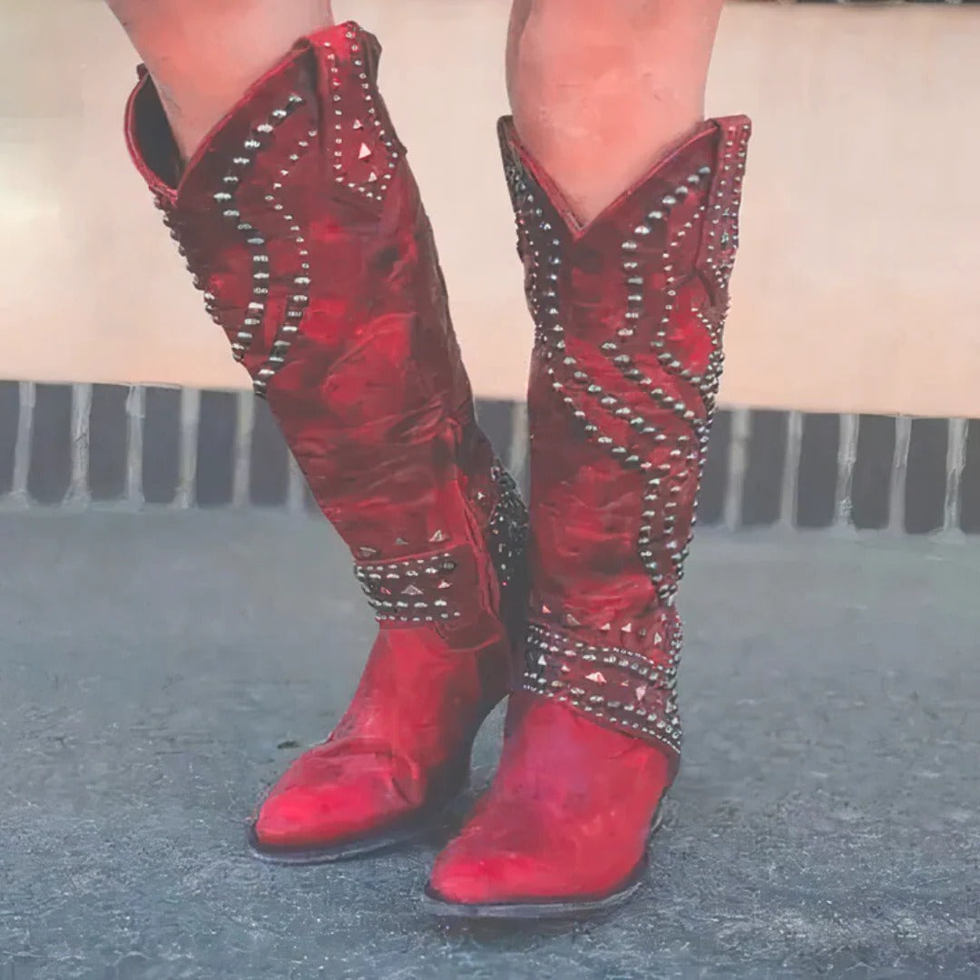 Women's Knee High Boots with Metal Studs and Pointed Toe, Side Zipper