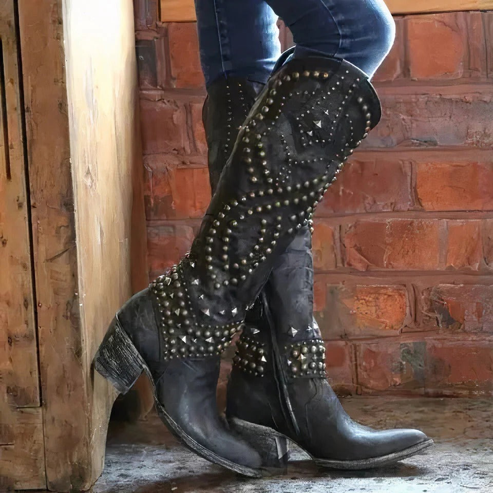 Women's Knee High Boots with Metal Studs and Pointed Toe, Side Zipper