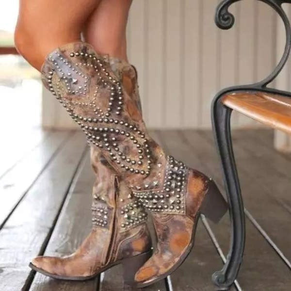 Women's Knee High Boots with Metal Studs and Pointed Toe, Side Zipper