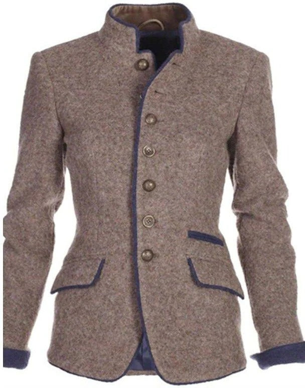 Tailored Blazer with Stand Collar and Two Tone Color Blocking, Hip Length