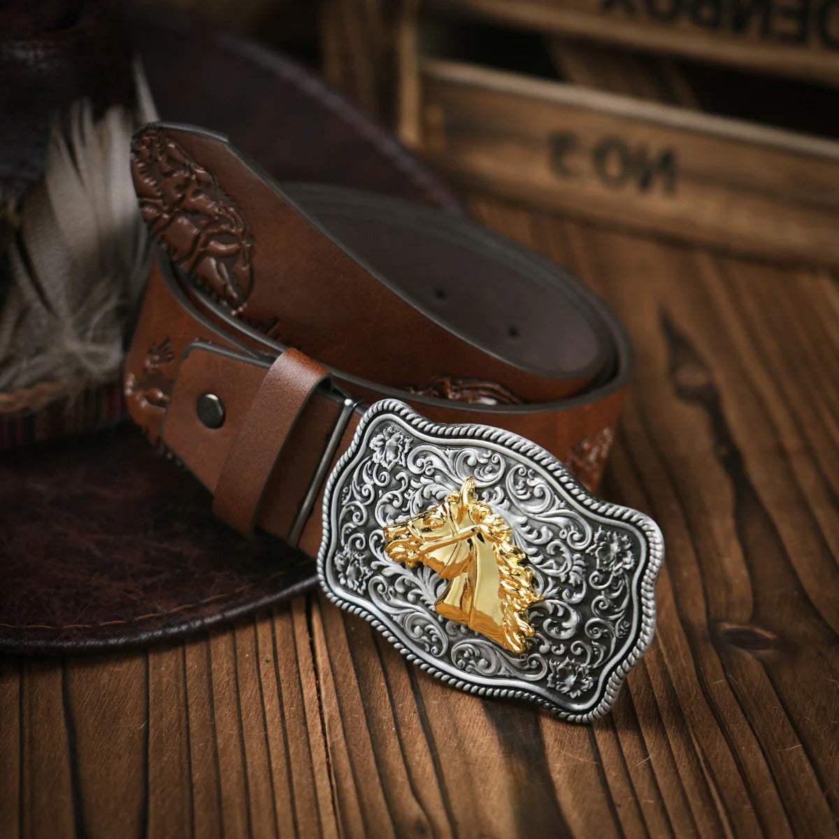 Men's Western Belt with Metal Buckle and Shape Retention