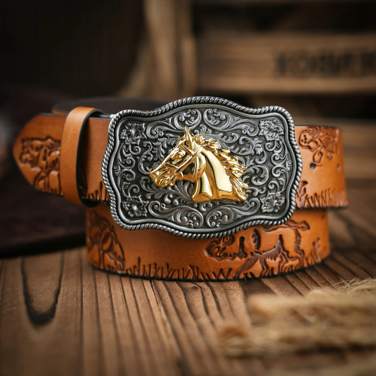 Men's Western Belt with Metal Buckle and Shape Retention