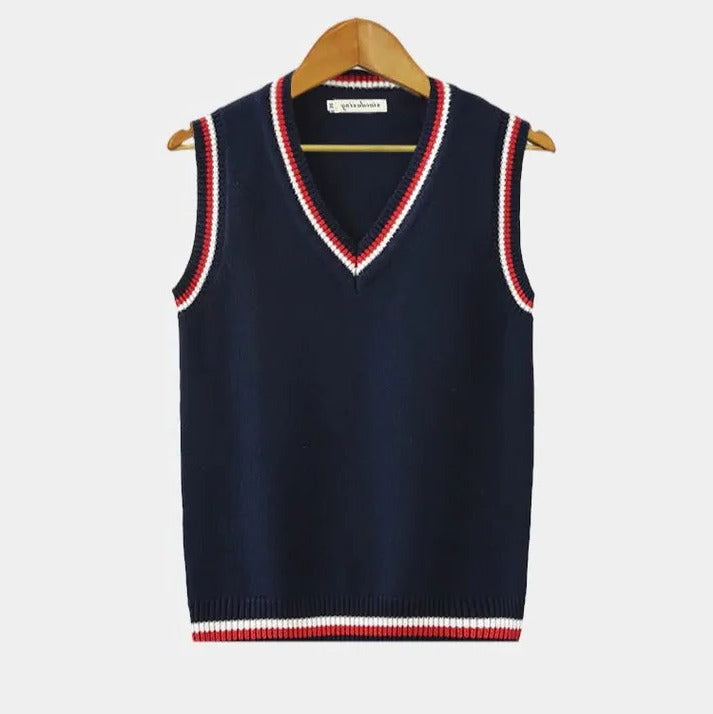 Sleeveless Sweater Vest with Striped Chest Detail and Ribbed Edges