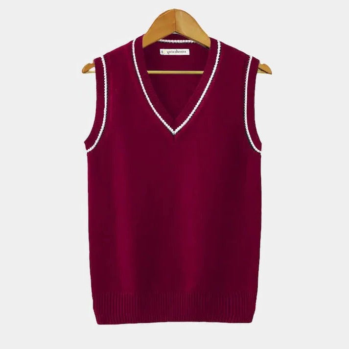 Sleeveless Sweater Vest with Striped Chest Detail and Ribbed Edges