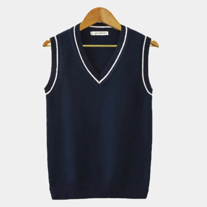 Sleeveless Sweater Vest with Striped Chest Detail and Ribbed Edges
