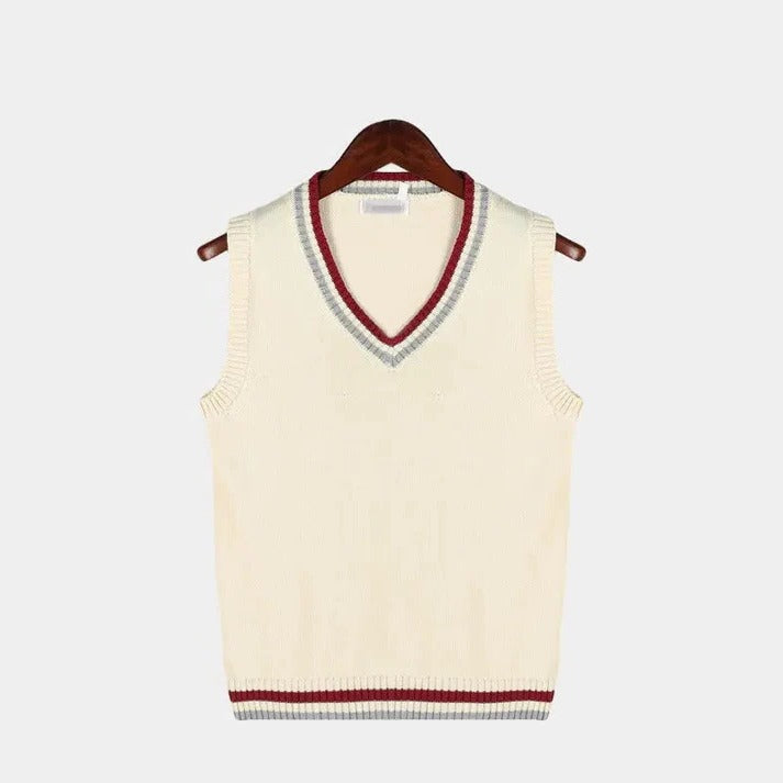 Sleeveless Sweater Vest with Striped Chest Detail and Ribbed Edges