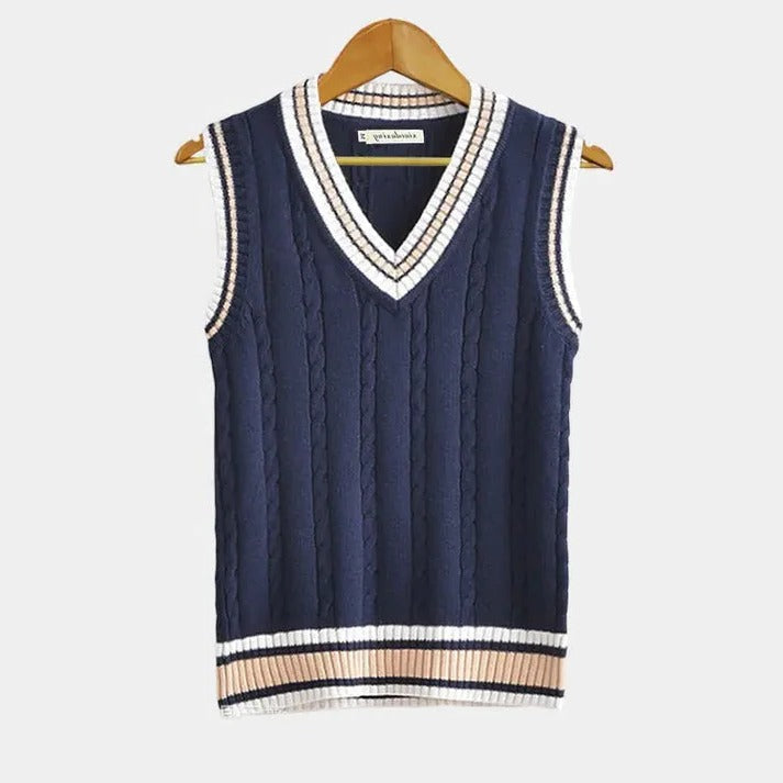 Sleeveless Sweater Vest with Striped Chest Detail and Ribbed Edges