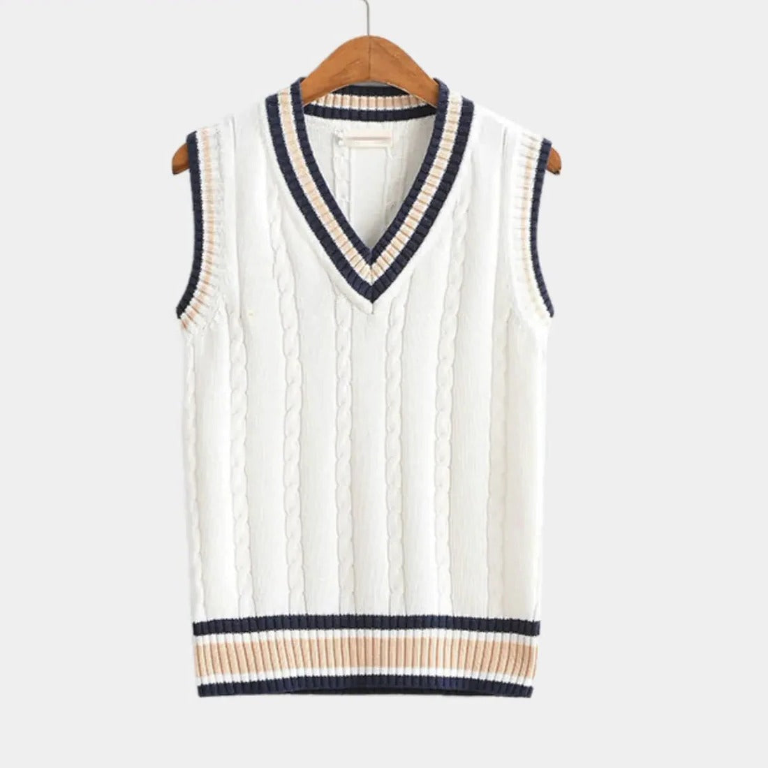 Sleeveless Sweater Vest with Striped Chest Detail and Ribbed Edges