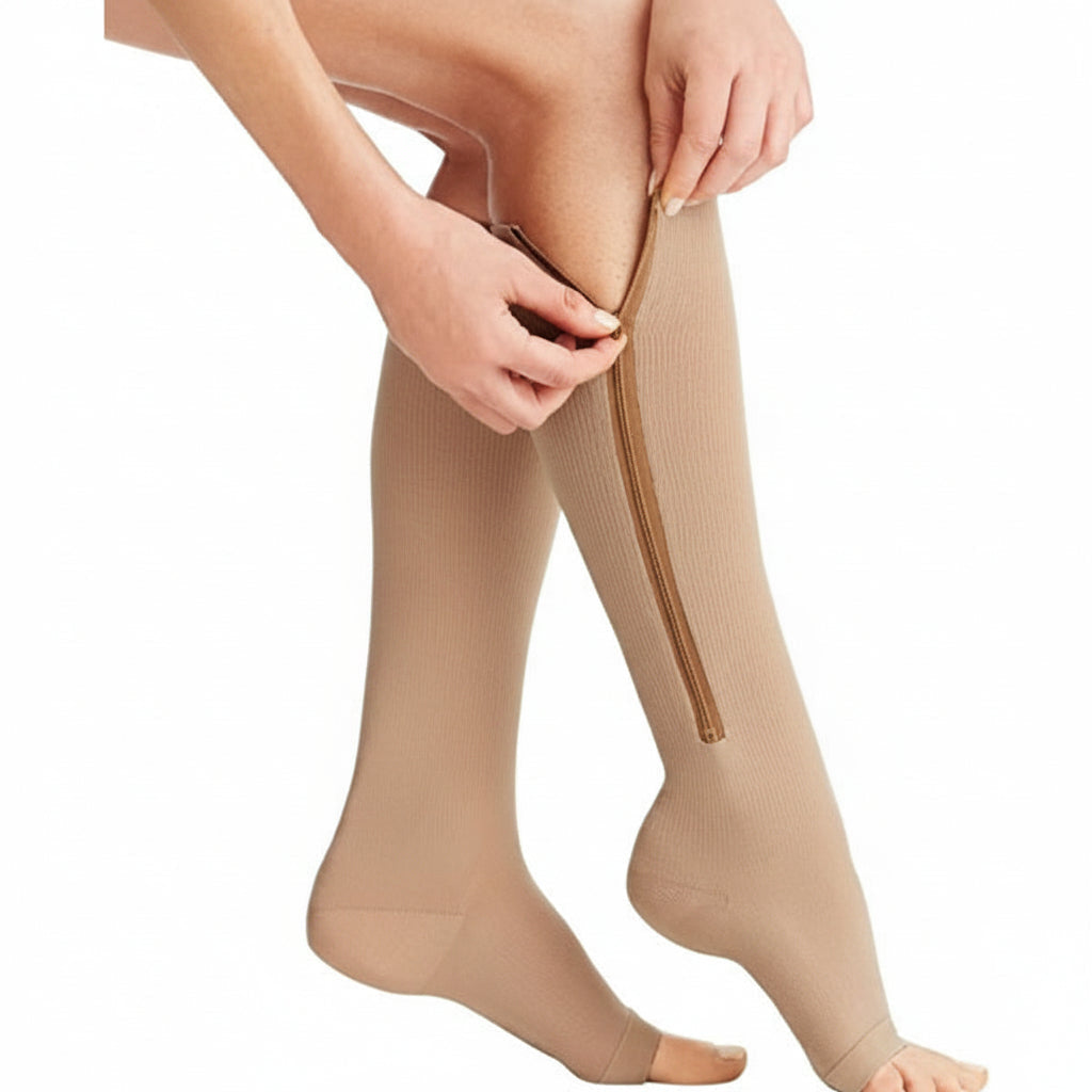 Zipper Compression Socks with Open Toe and Moisture Wicking, 20-30 mmHg Graduated Support