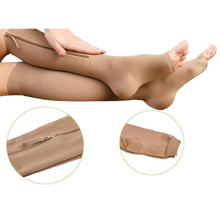 Zipper Compression Socks with Open Toe and Moisture Wicking, 20-30 mmHg Graduated Support