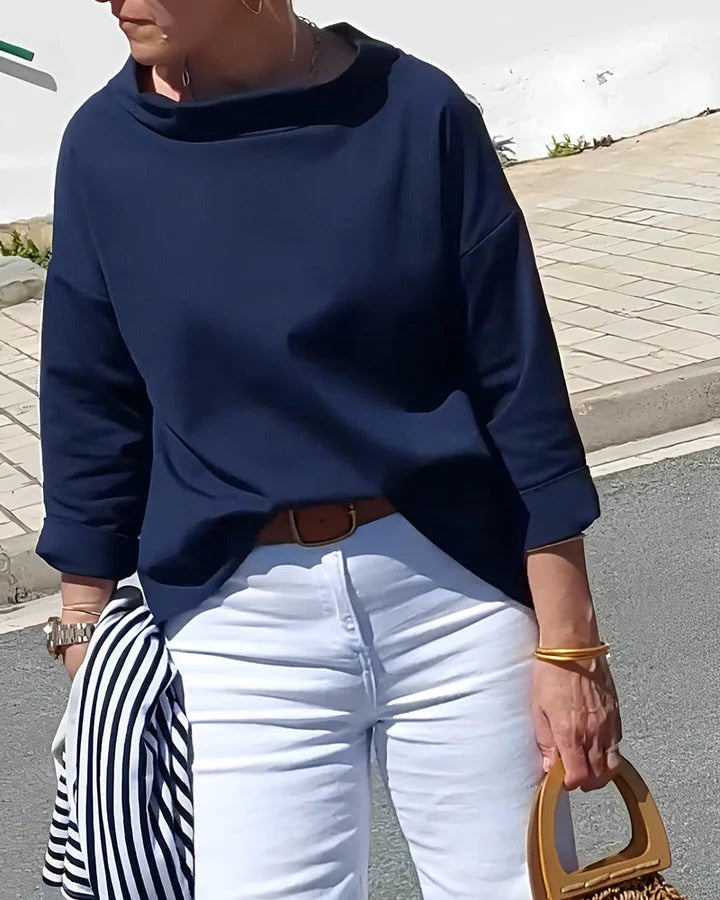 Pullover Top with High Collar and Three Quarter Sleeves, Relaxed Fit For Women