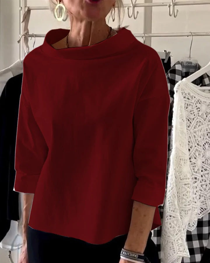 Pullover Top with High Collar and Three Quarter Sleeves, Relaxed Fit For Women