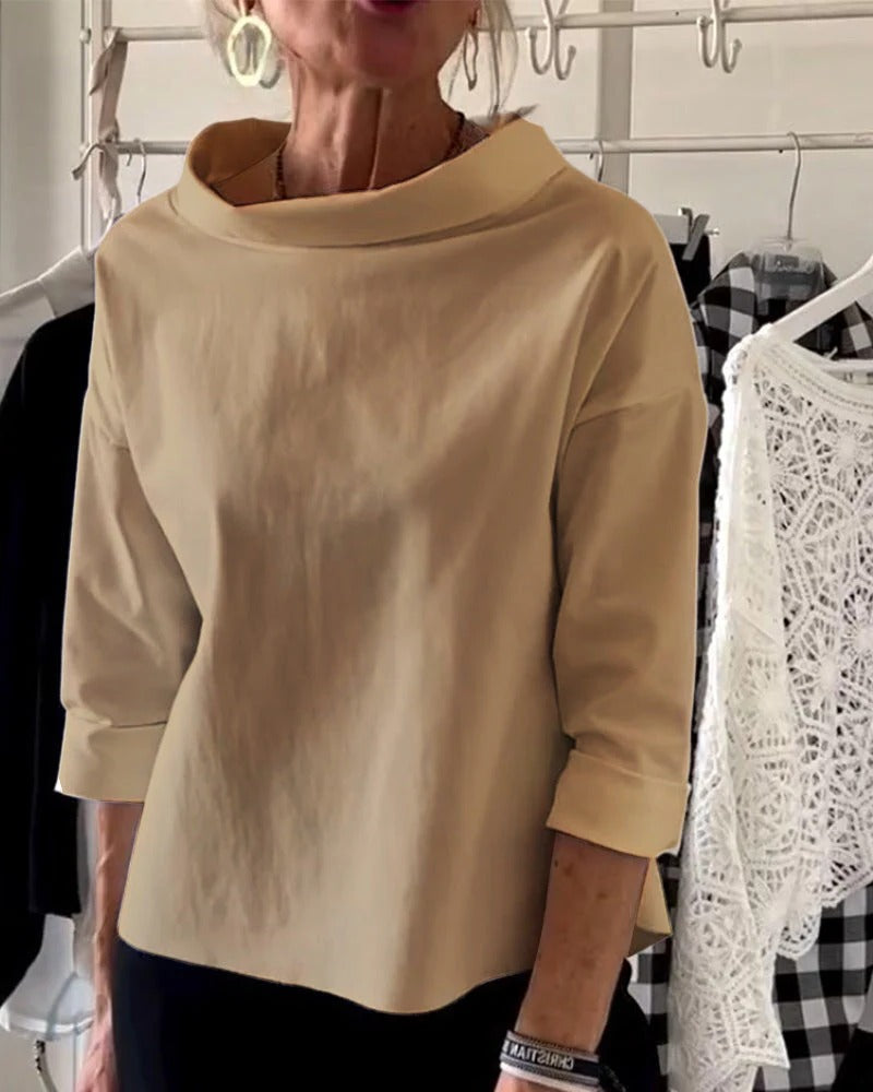 Pullover Top with High Collar and Three Quarter Sleeves, Relaxed Fit For Women
