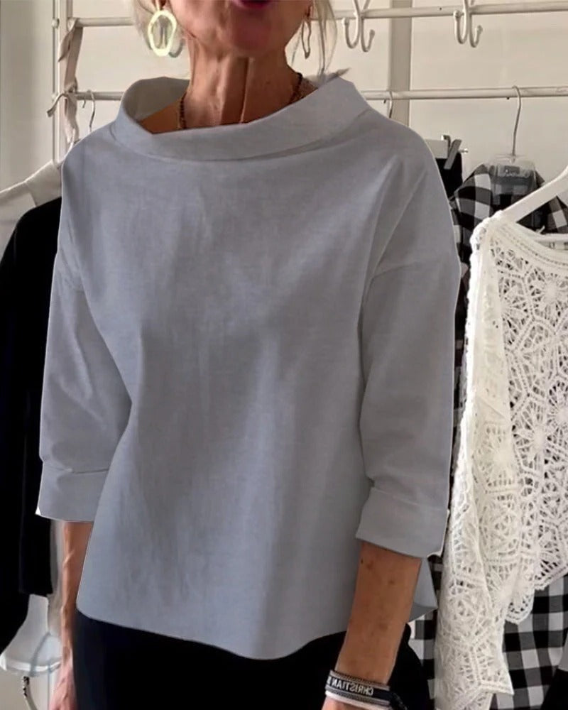 Pullover Top with High Collar and Three Quarter Sleeves, Relaxed Fit For Women